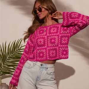 Le Lis Pink Crochet Crop Sweater